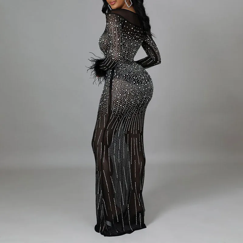 Rhinestone Long Sleeve Feather Design Sheer Mesh Maxi Dress