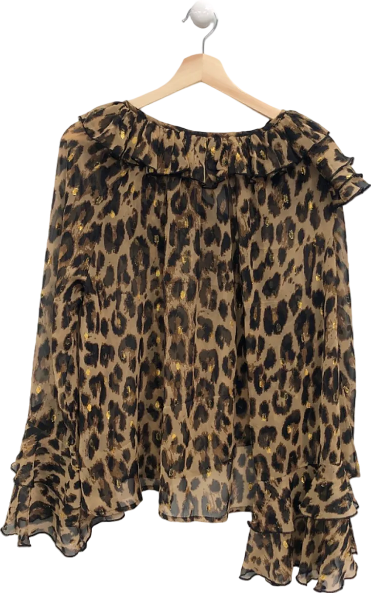 River Island Beige Leopard Print Sheer Ruffled Blouse UK 6