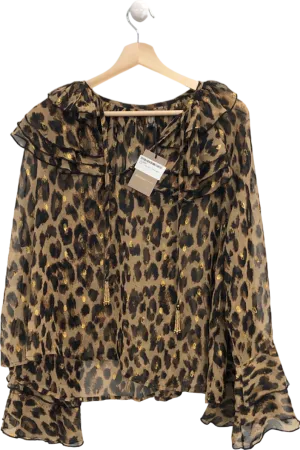 River Island Beige Leopard Print Sheer Ruffled Blouse UK 6