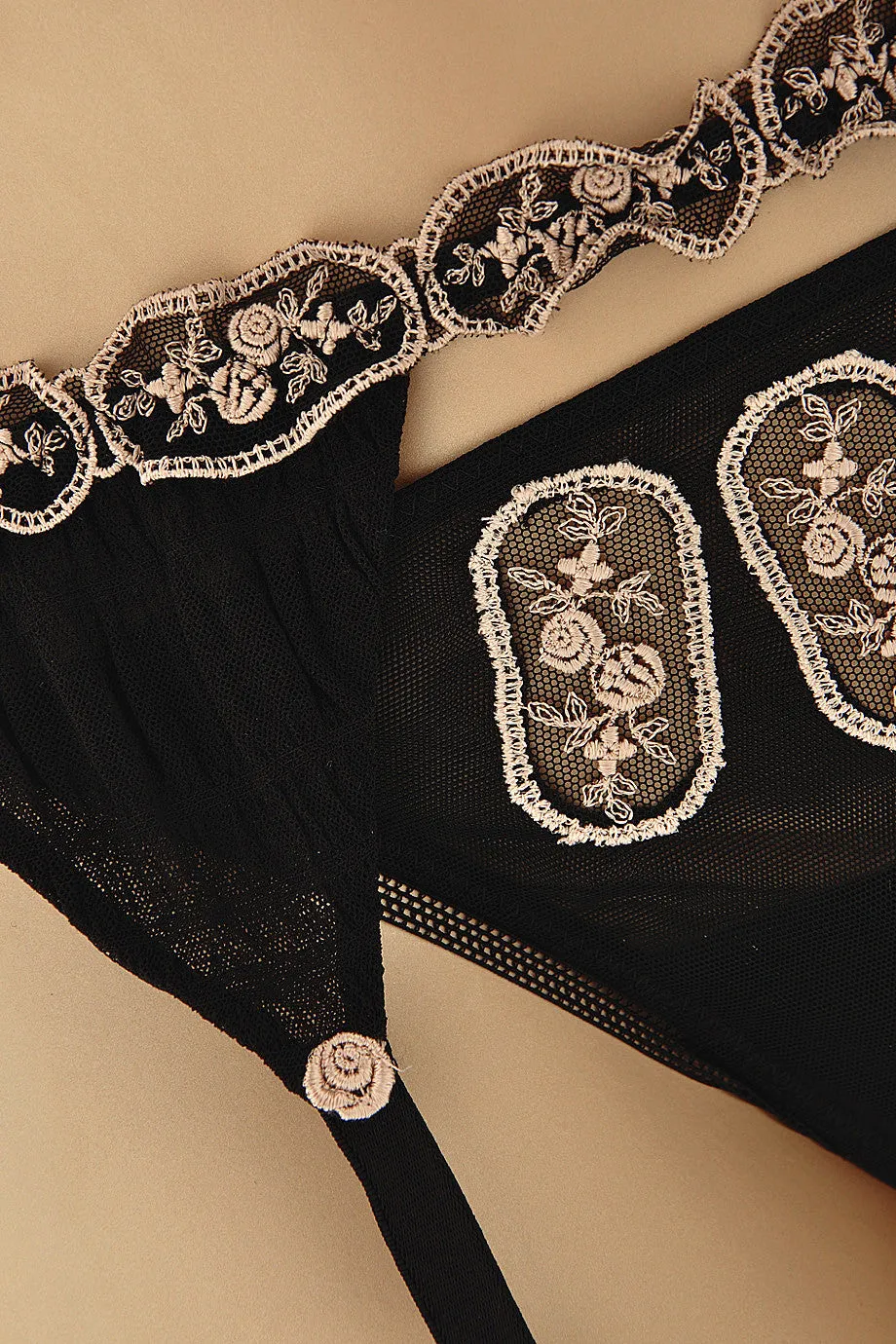 ROSE Embroidered Black Thong