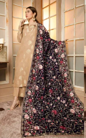 Rose/Luxury Embroidered Velvet Shawl by Adans Libaas