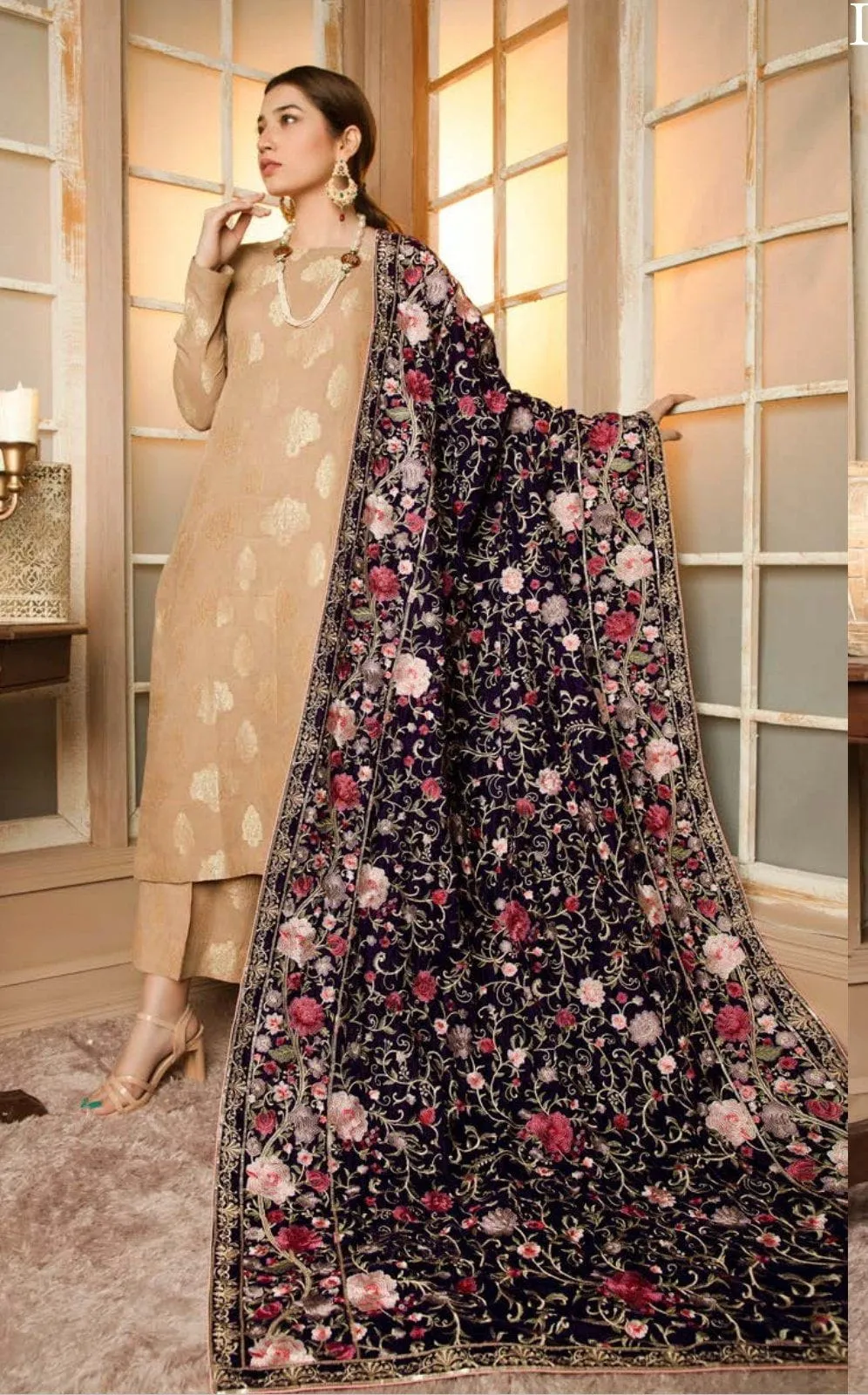 Rose/Luxury Embroidered Velvet Shawl by Adans Libaas