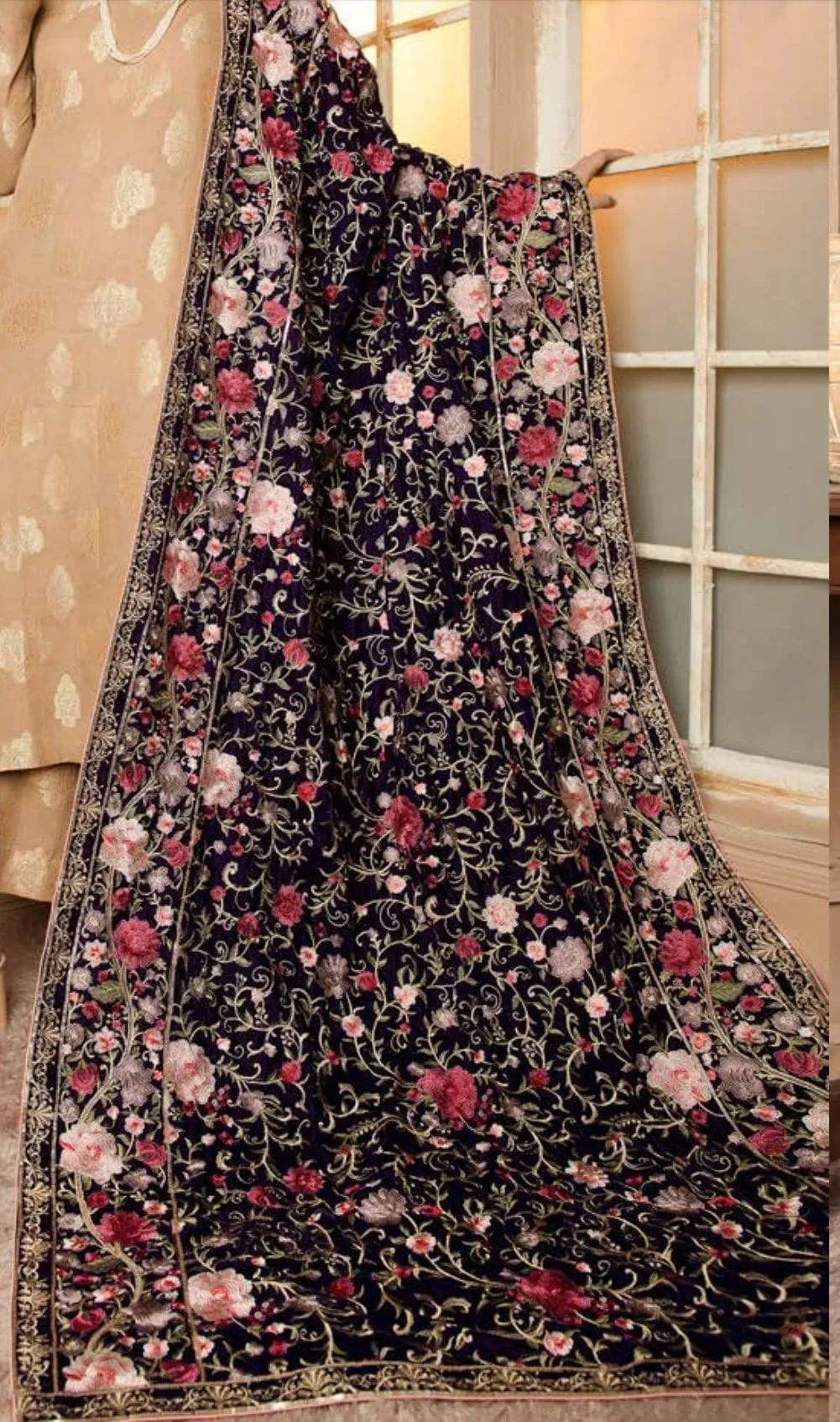 Rose/Luxury Embroidered Velvet Shawl by Adans Libaas
