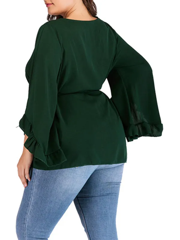 Round Neck Long Sleeve Solid Color Strap Trumpet Sleeve T-shirt Top