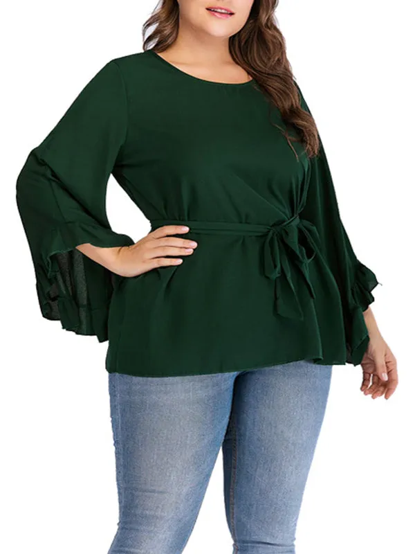 Round Neck Long Sleeve Solid Color Strap Trumpet Sleeve T-shirt Top
