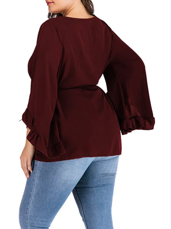 Round Neck Long Sleeve Solid Color Strap Trumpet Sleeve T-shirt Top