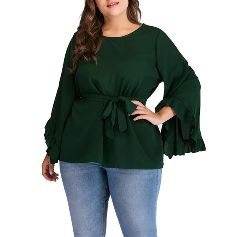 Round Neck Long Sleeve Solid Color Strap Trumpet Sleeve T-shirt Top