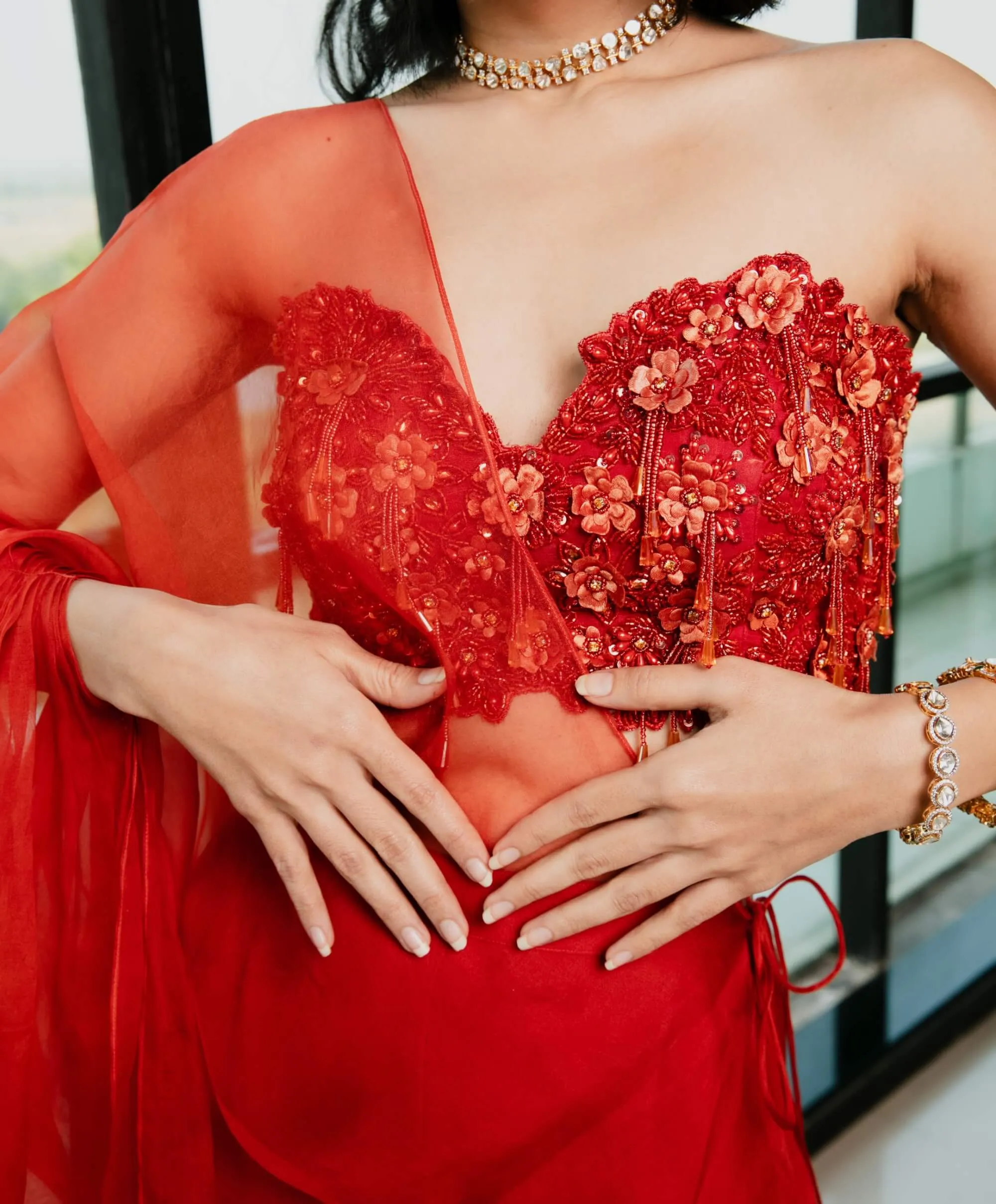 Rust embroidered bustier and layered pant set