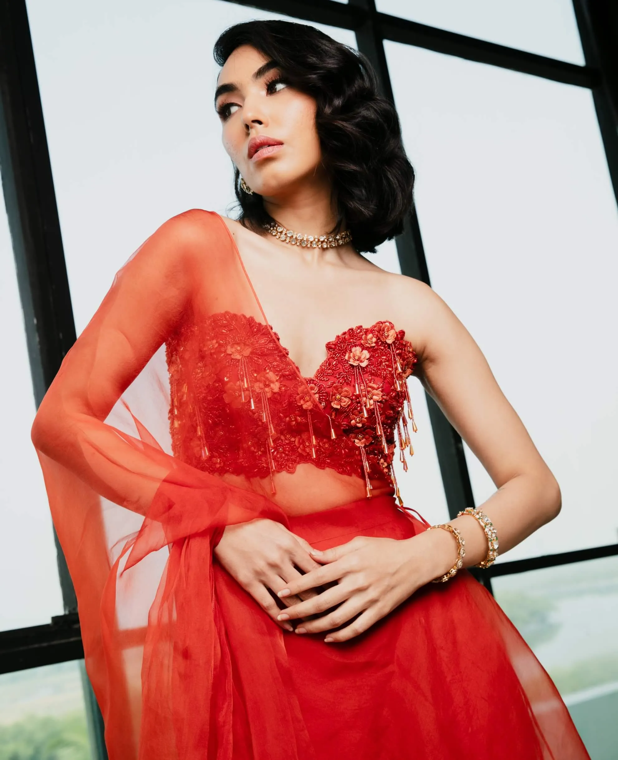 Rust embroidered bustier and layered pant set