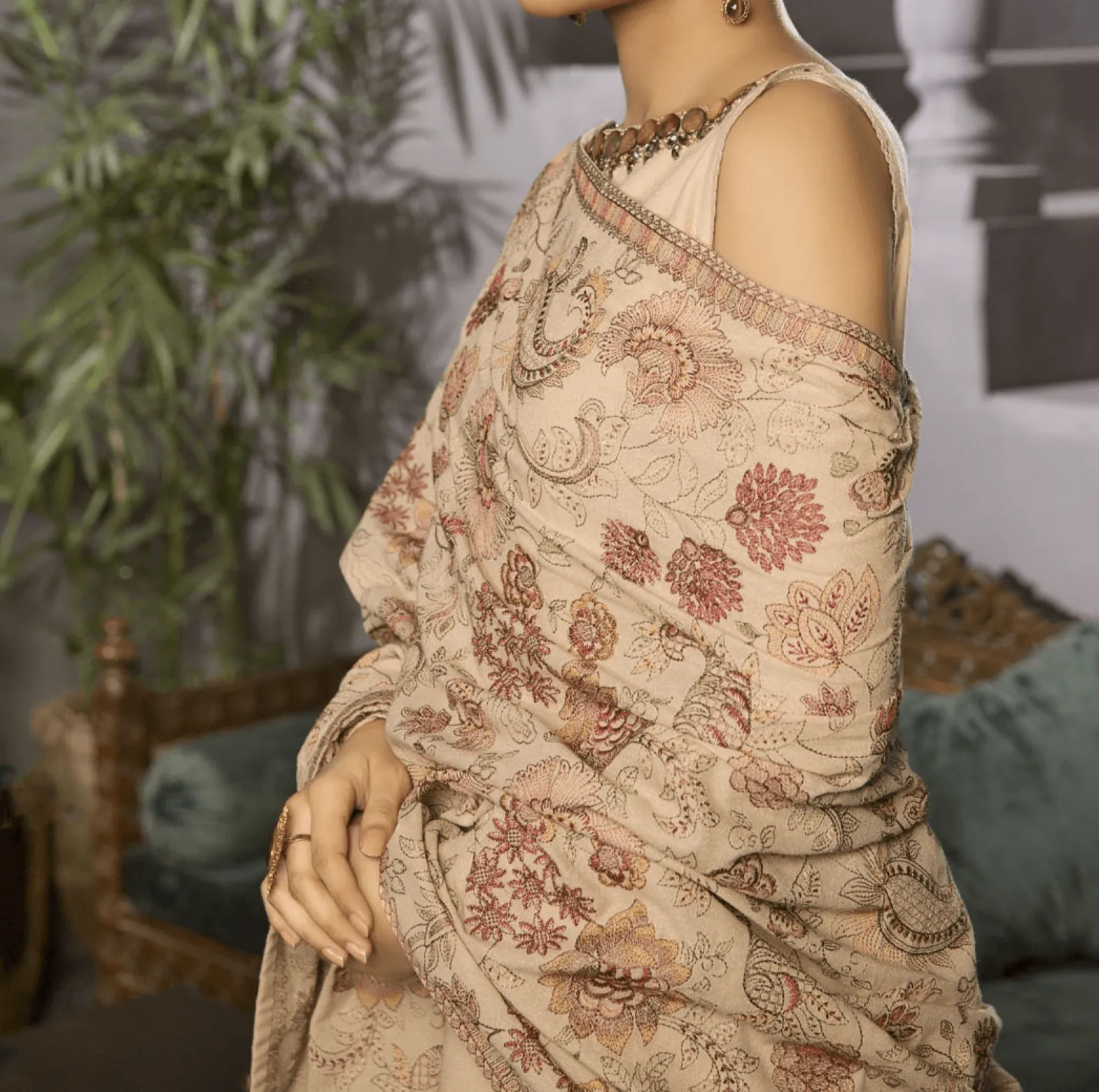 Sarinnah D77-Embroidered Karandi Beige Shawl