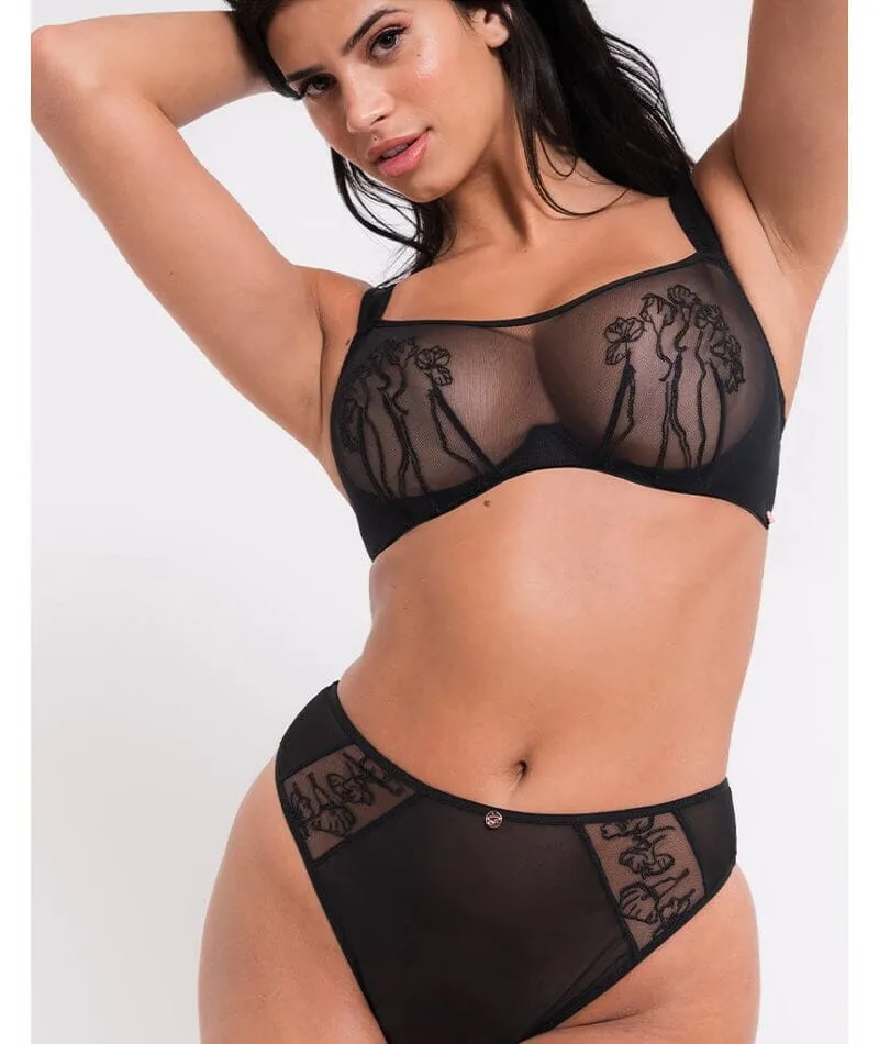 Scantilly Sheer Flora Deep Thong - Black