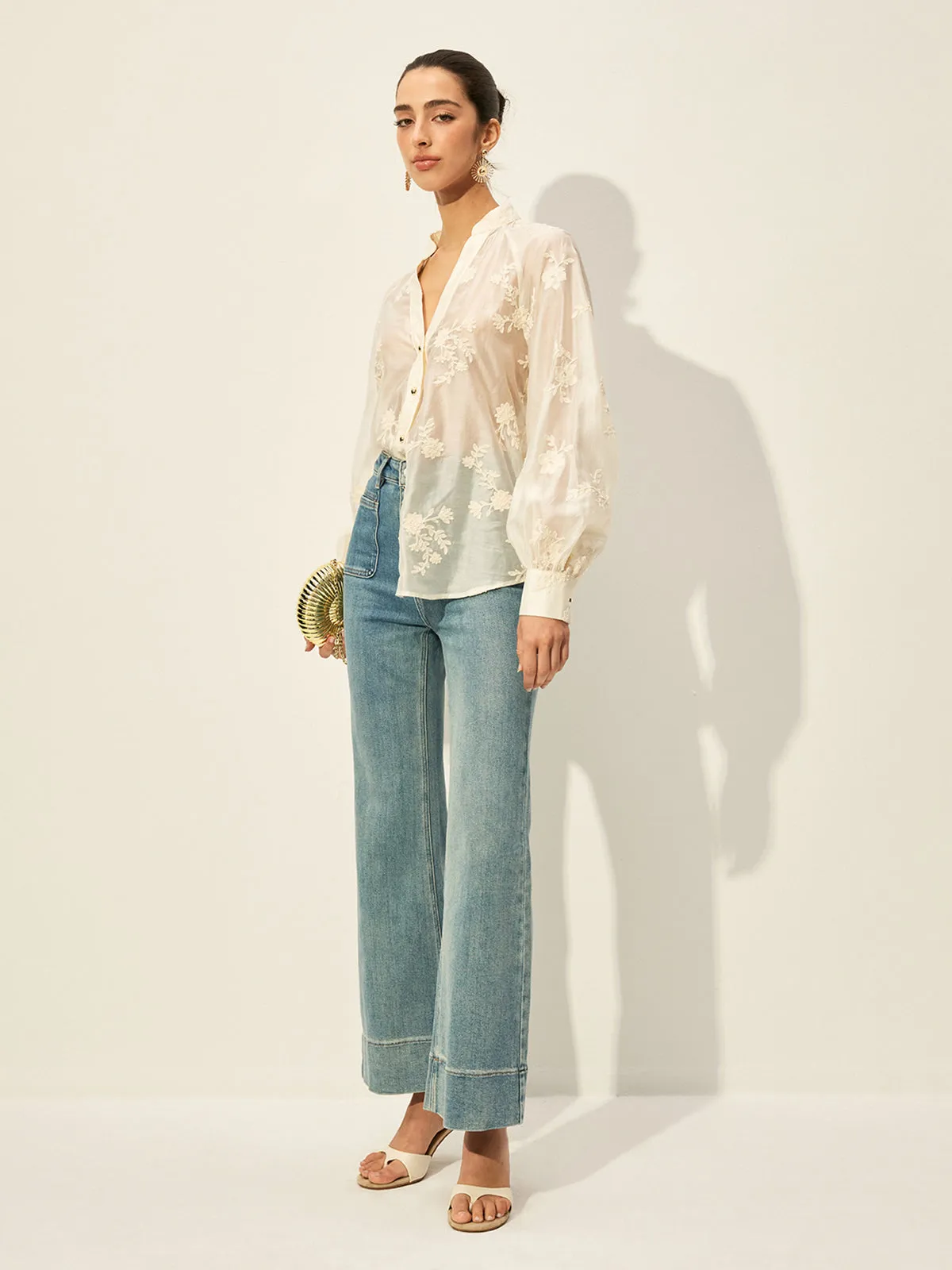 Semi-Sheer Embroidered Button-Front Blouse