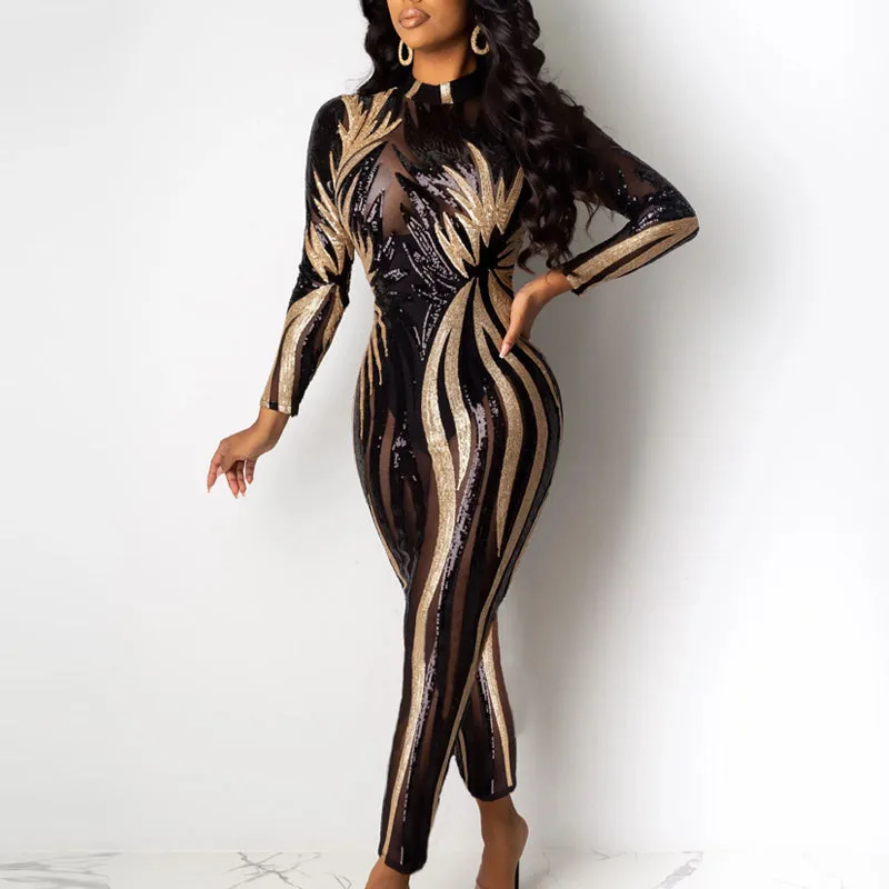 Sequins Flam Sheer Mesh Patchwork Long Sleeve Jumpsuit