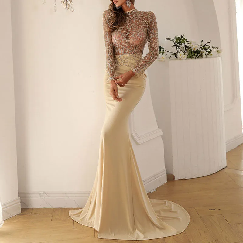 Sequins Long Sleeve Sheer Mesh Patchwork Maxi Dress