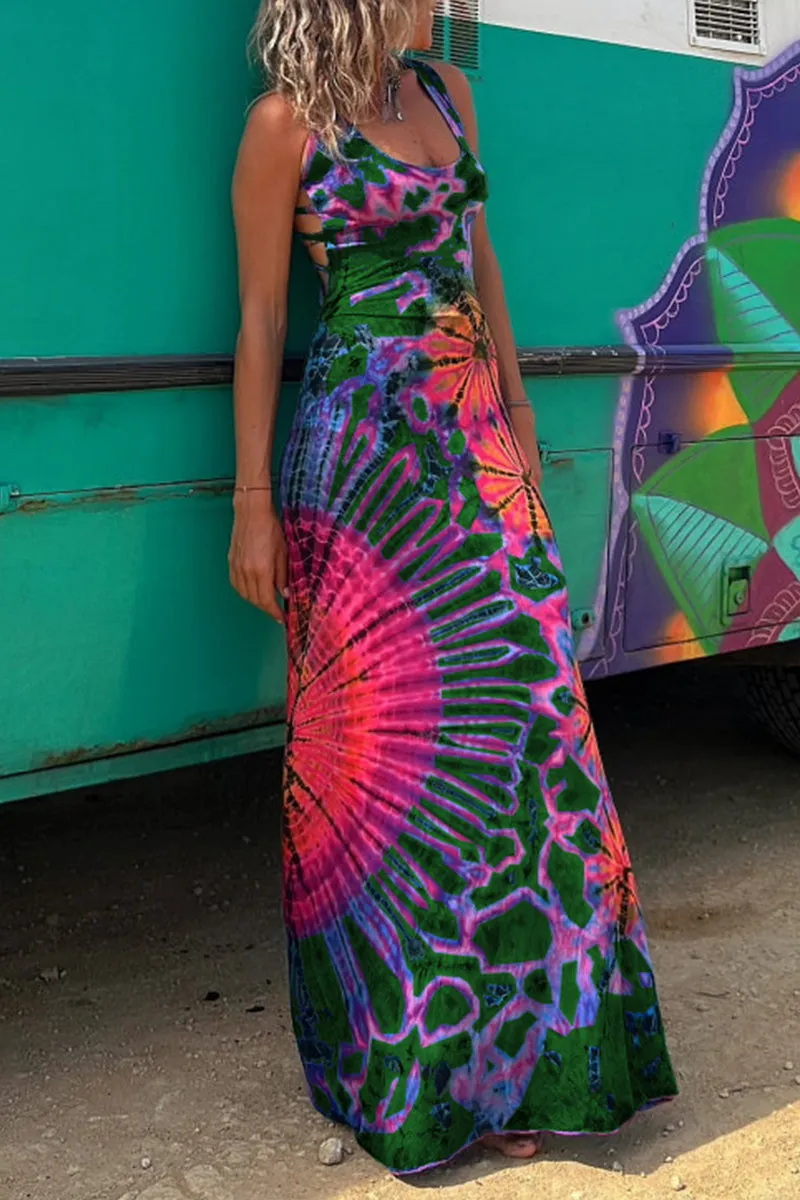Sexy College Print Backless U Neck Sleeveless Dresses(4 Colors)