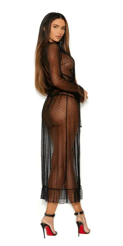 Sexy Daring Plus Size Black Long Sleeve Sheer Robe and G-String