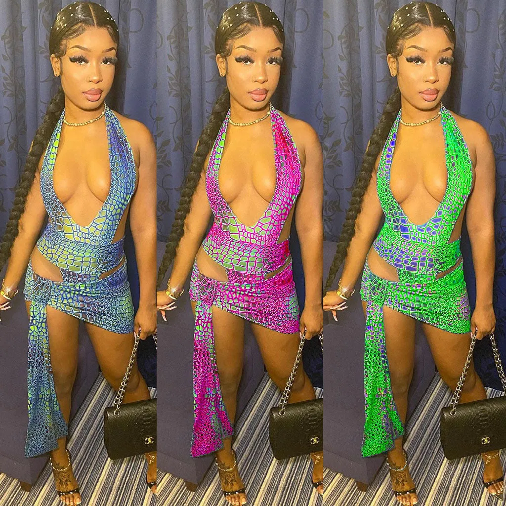 Sexy Print Deep V Neck Backless Top Cover Up Skirt 2 Piece Set