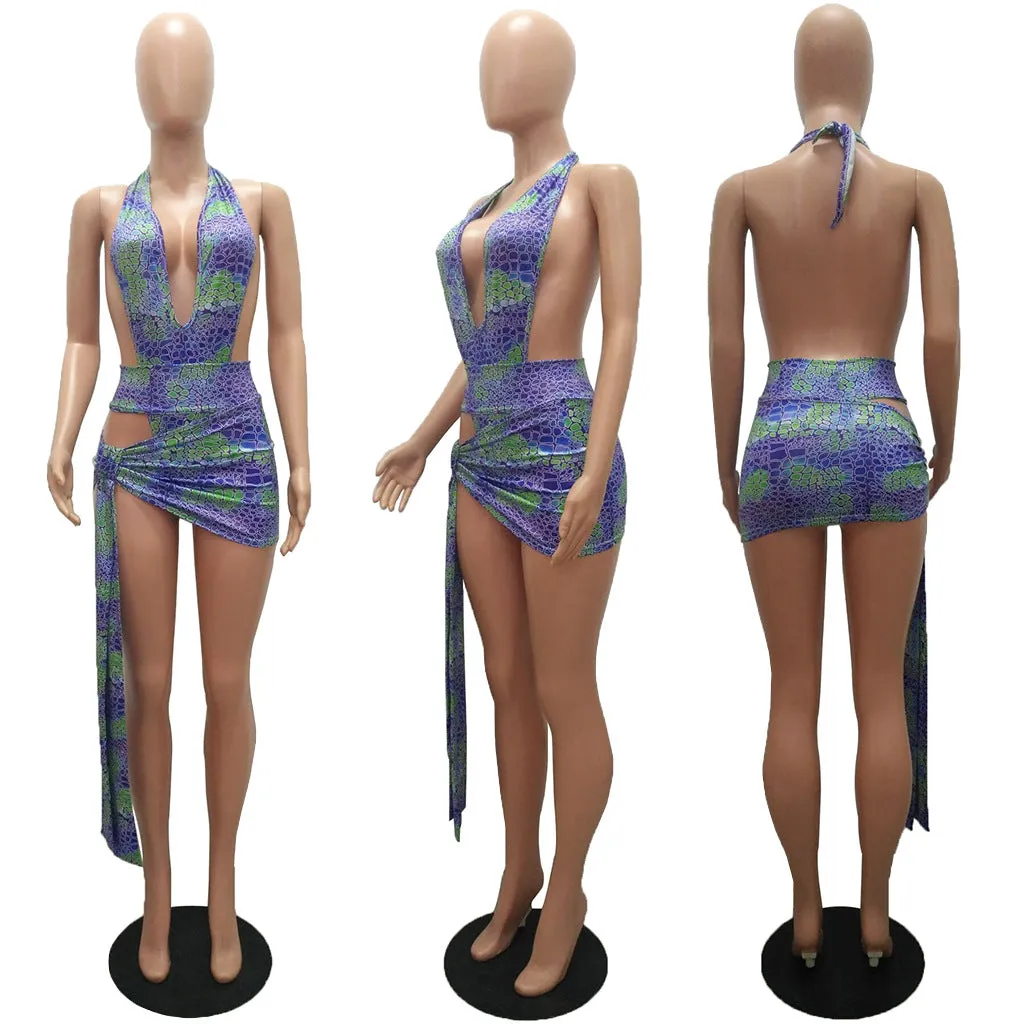 Sexy Print Deep V Neck Backless Top Cover Up Skirt 2 Piece Set