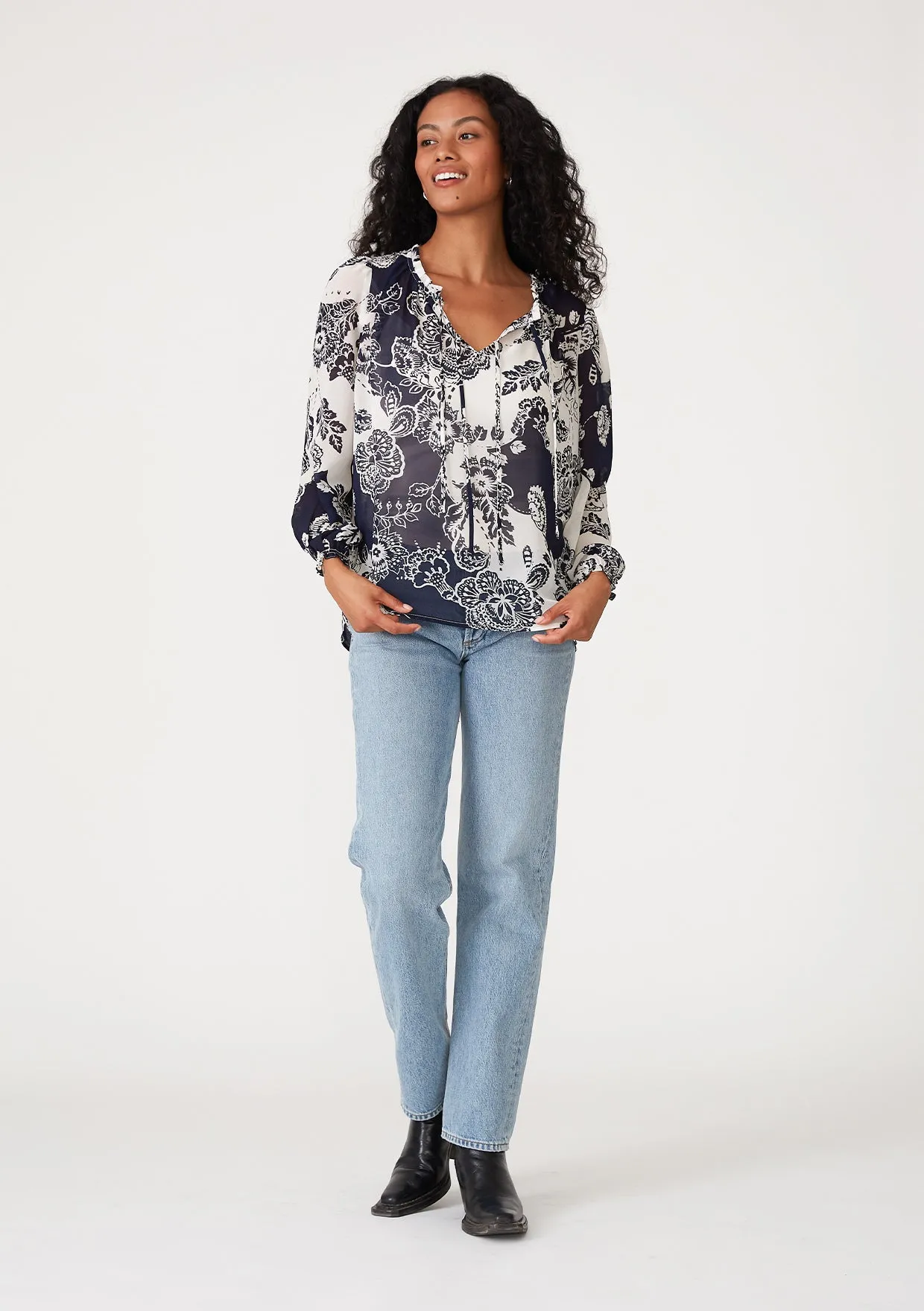 Sheer Floral Ruffle Tie Neck Long Sleeve Blouse