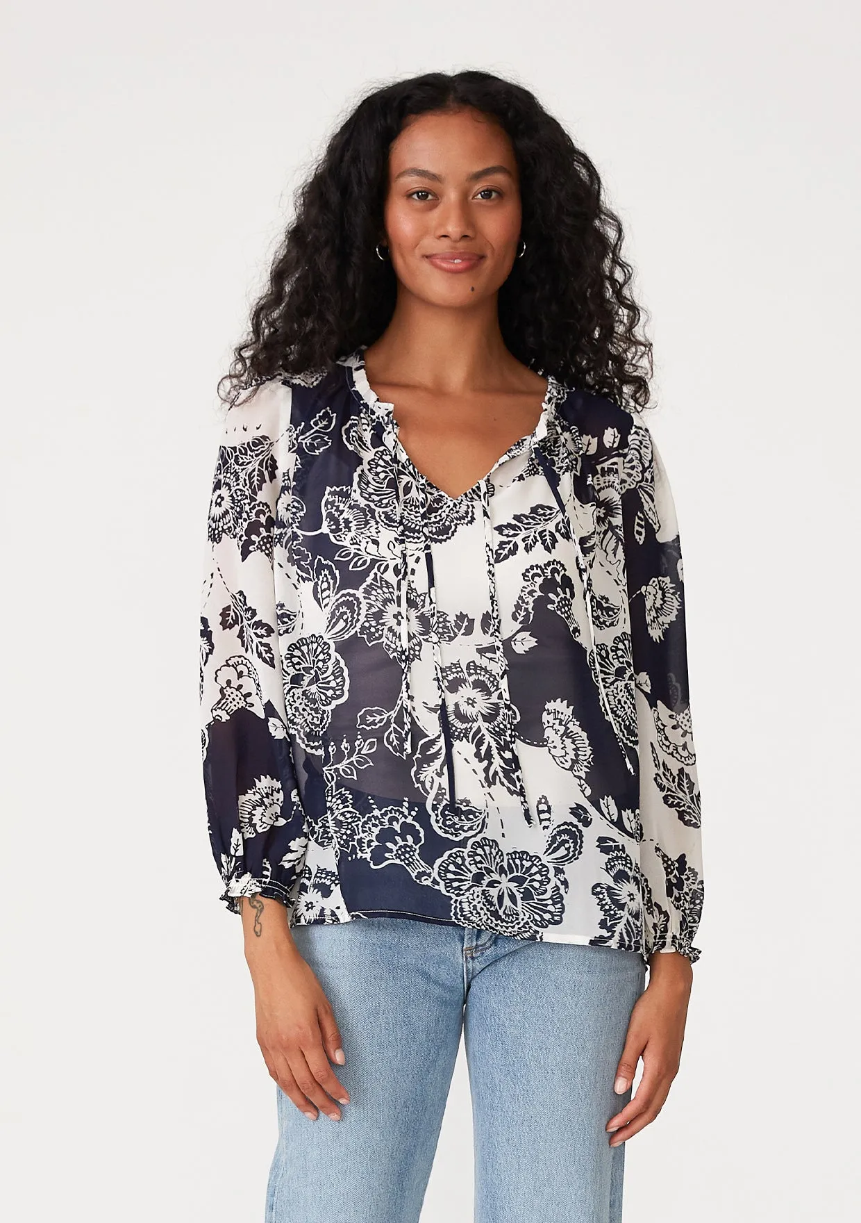 Sheer Floral Ruffle Tie Neck Long Sleeve Blouse