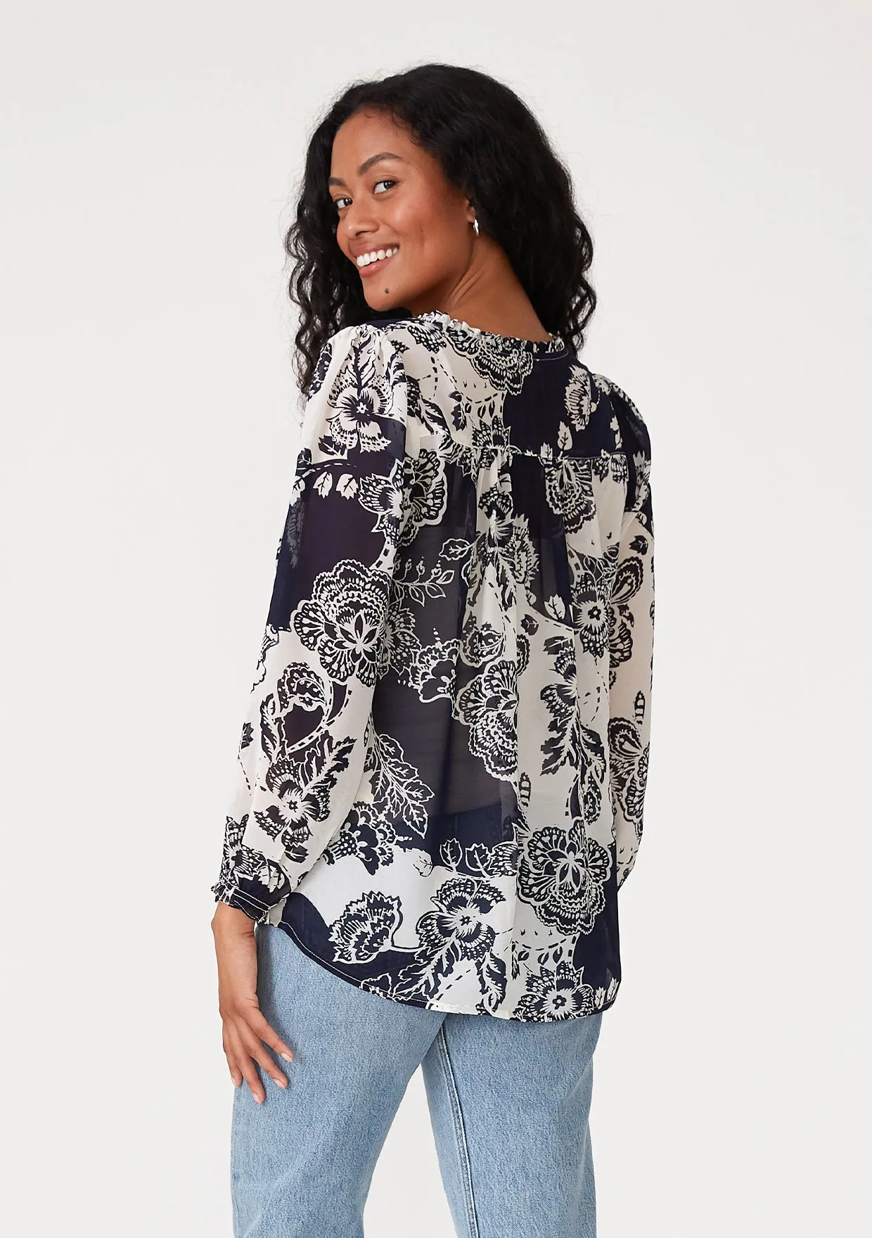 Sheer Floral Ruffle Tie Neck Long Sleeve Blouse