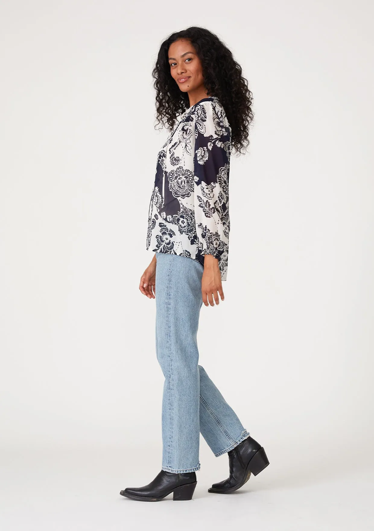 Sheer Floral Ruffle Tie Neck Long Sleeve Blouse