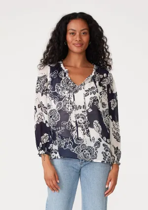 Sheer Floral Ruffle Tie Neck Long Sleeve Blouse