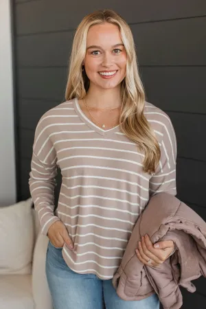 Sheer Joy Long Sleeve Striped Top- Taupe