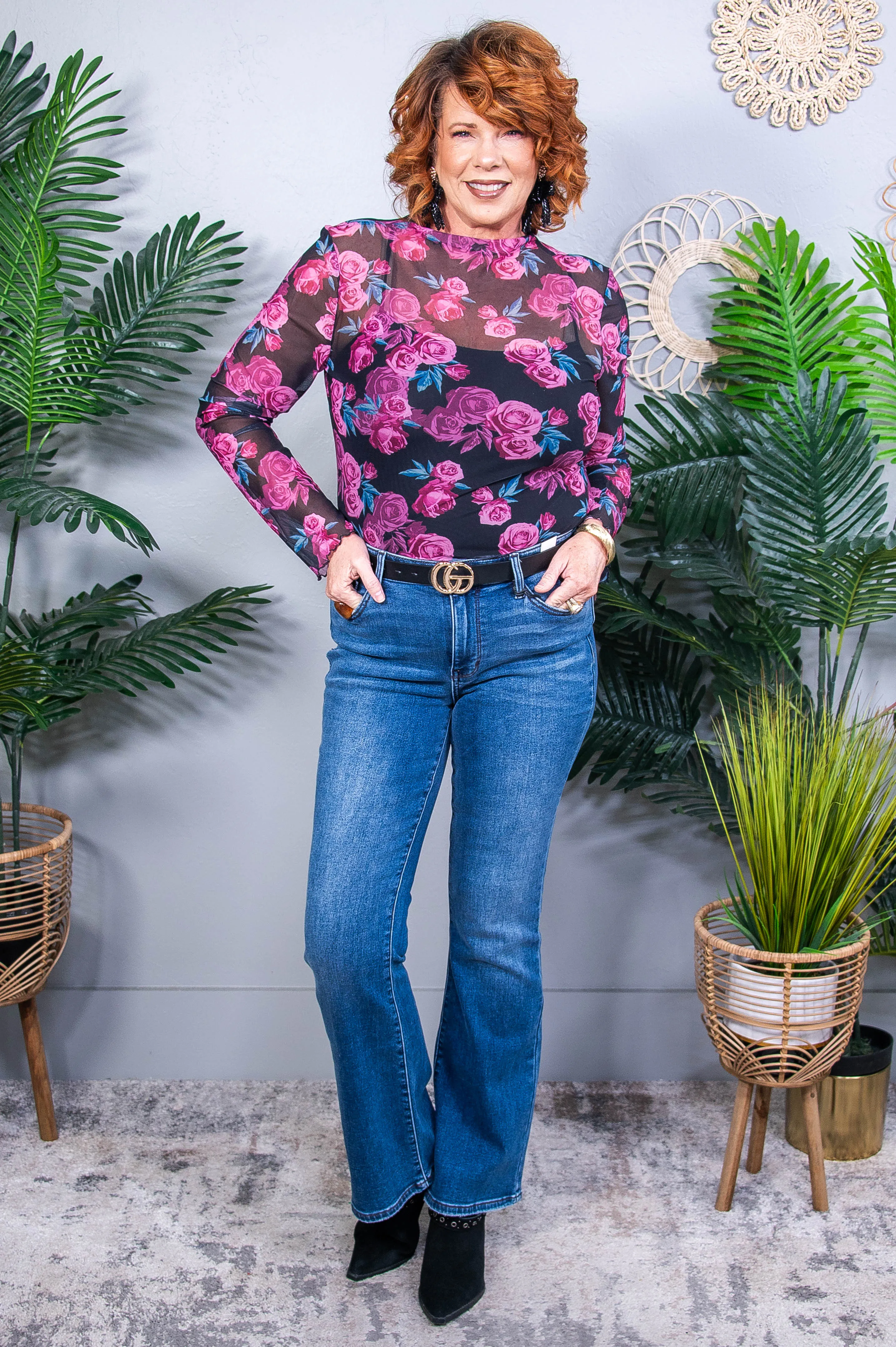 Sheer Sensation Floral Mock Neck Long Sleeve Top - T10879BK