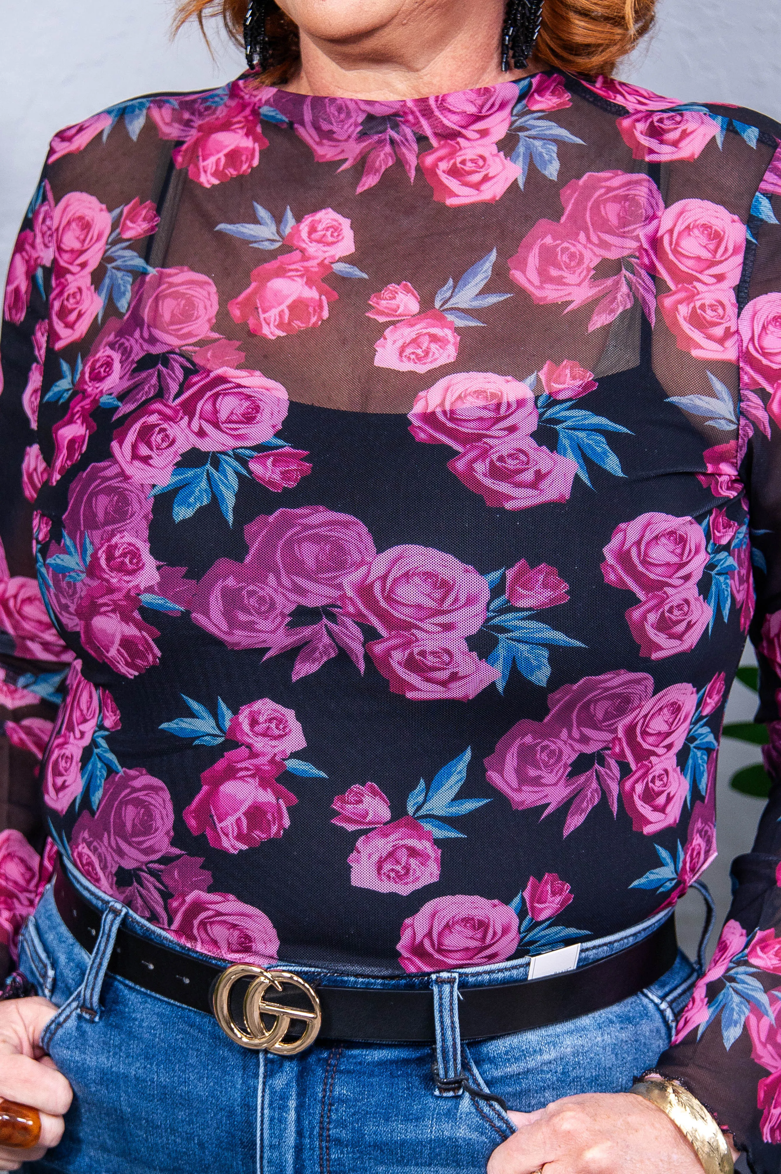 Sheer Sensation Floral Mock Neck Long Sleeve Top - T10879BK