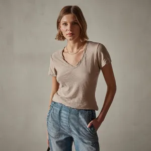 Sheer Slub Casual V Neck - Toast