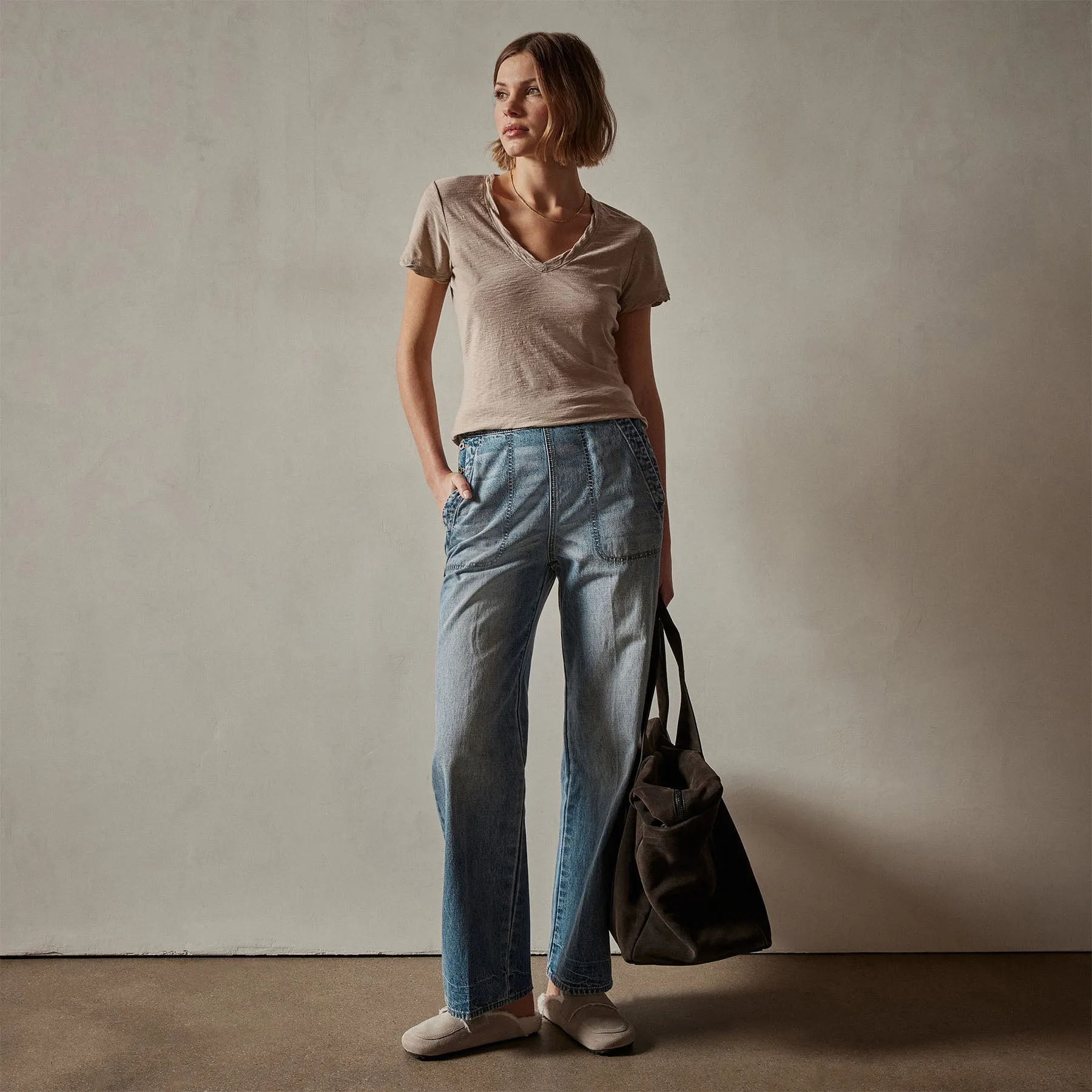 Sheer Slub Casual V Neck - Toast