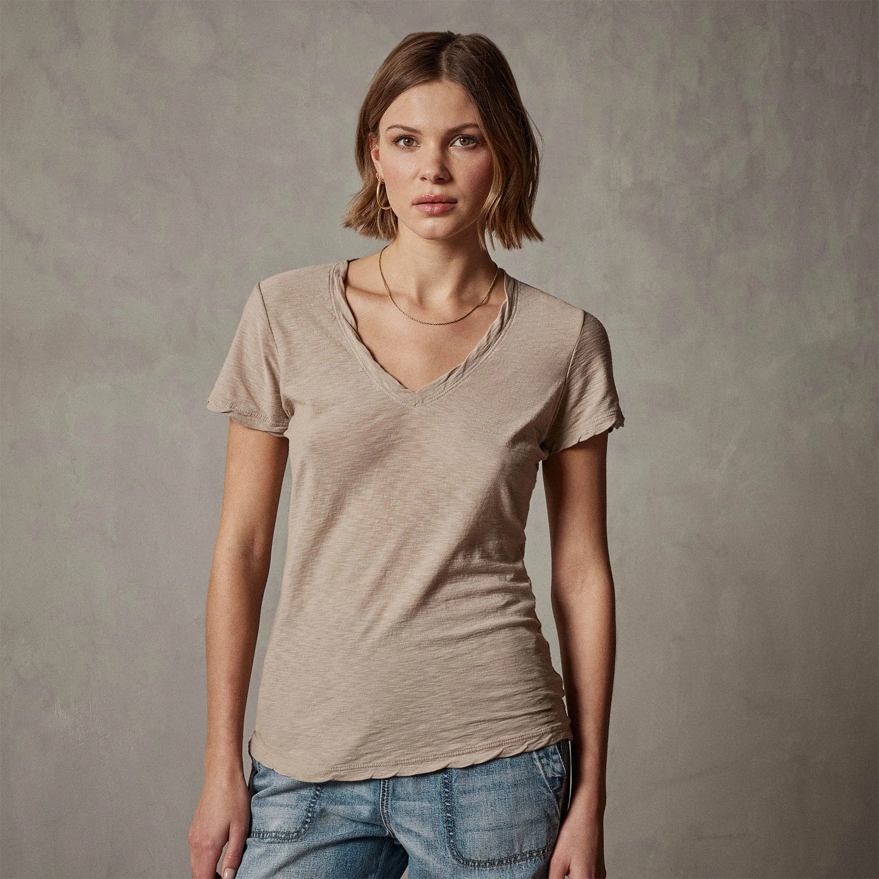 Sheer Slub Casual V Neck - Toast