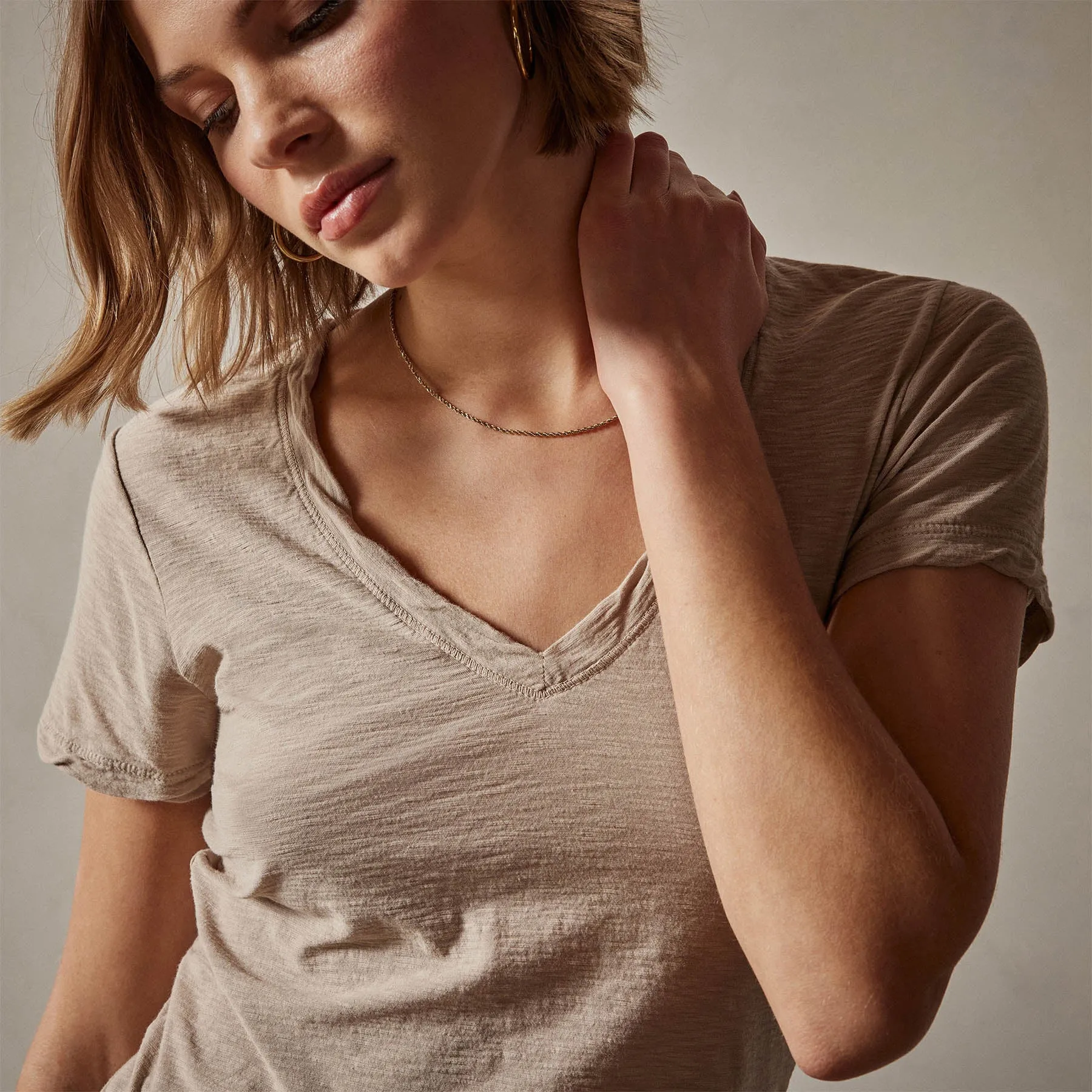 Sheer Slub Casual V Neck - Toast
