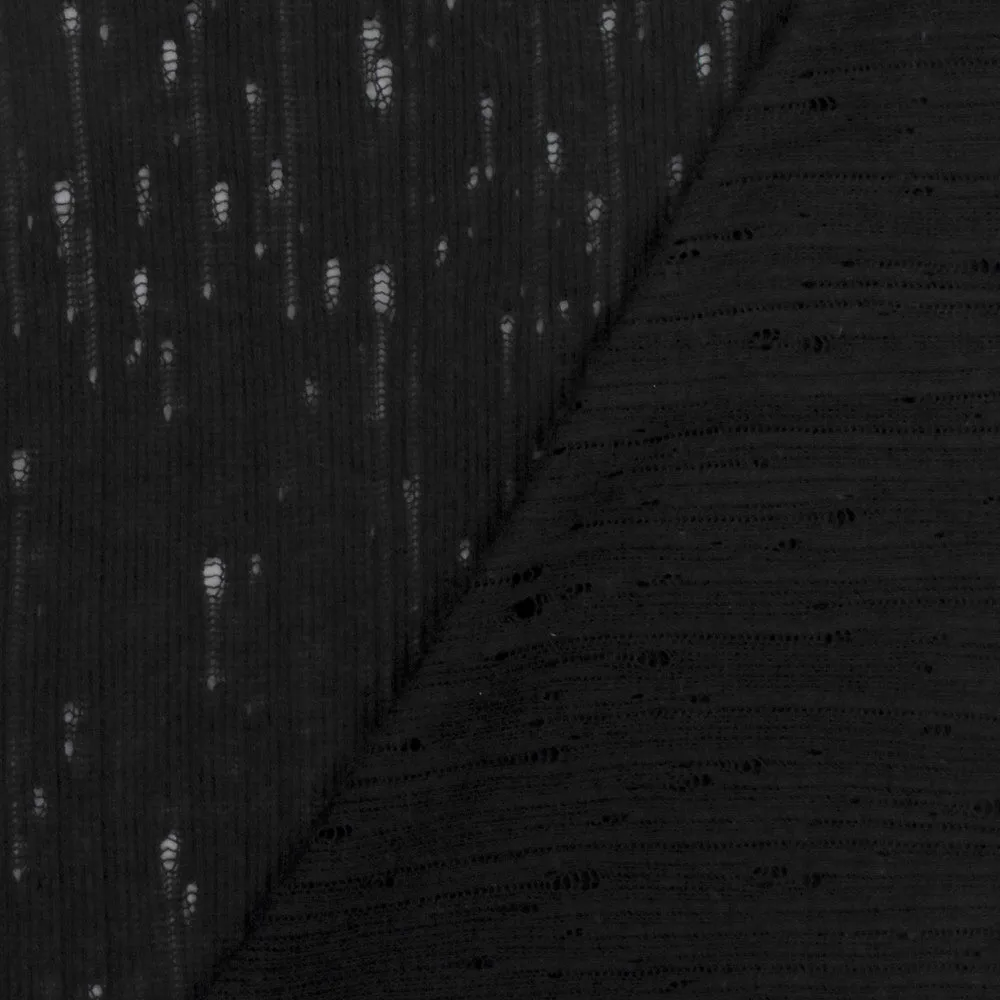 Simple Black Cotton Open Holes 1x1 Rib Knit Fabric