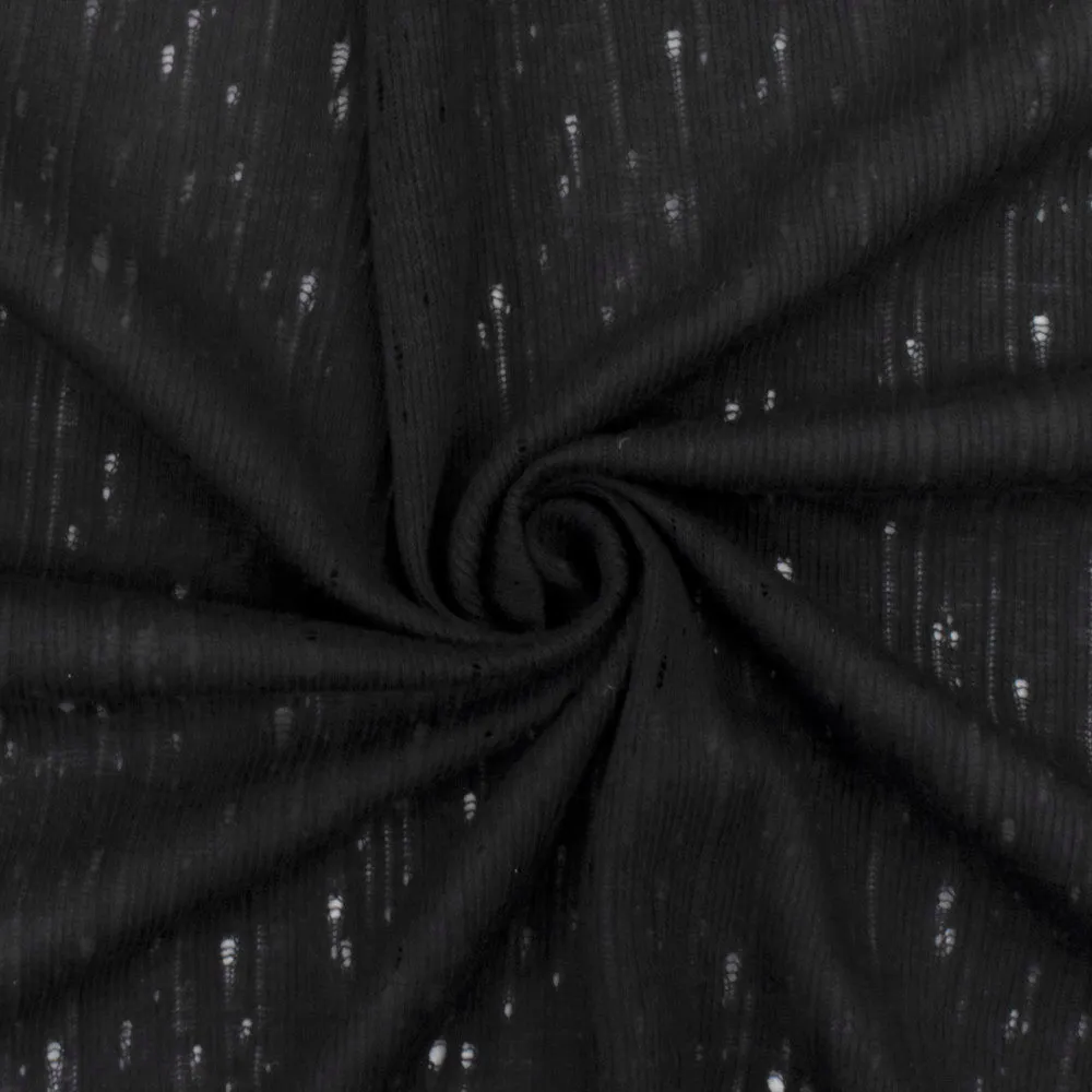 Simple Black Cotton Open Holes 1x1 Rib Knit Fabric