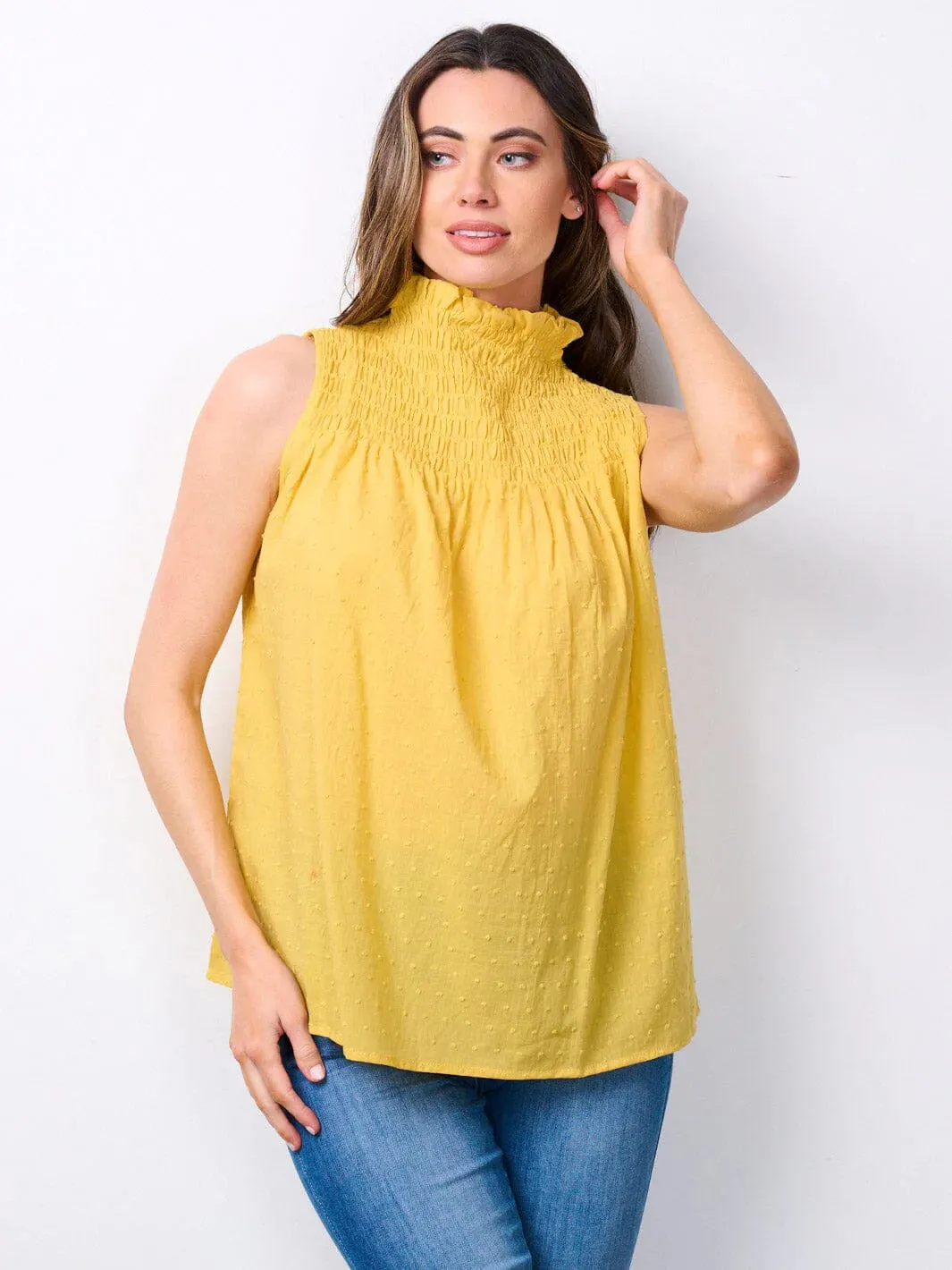 SLEEVELESS MOCK NECK SWISS DETAILED TANK TOP