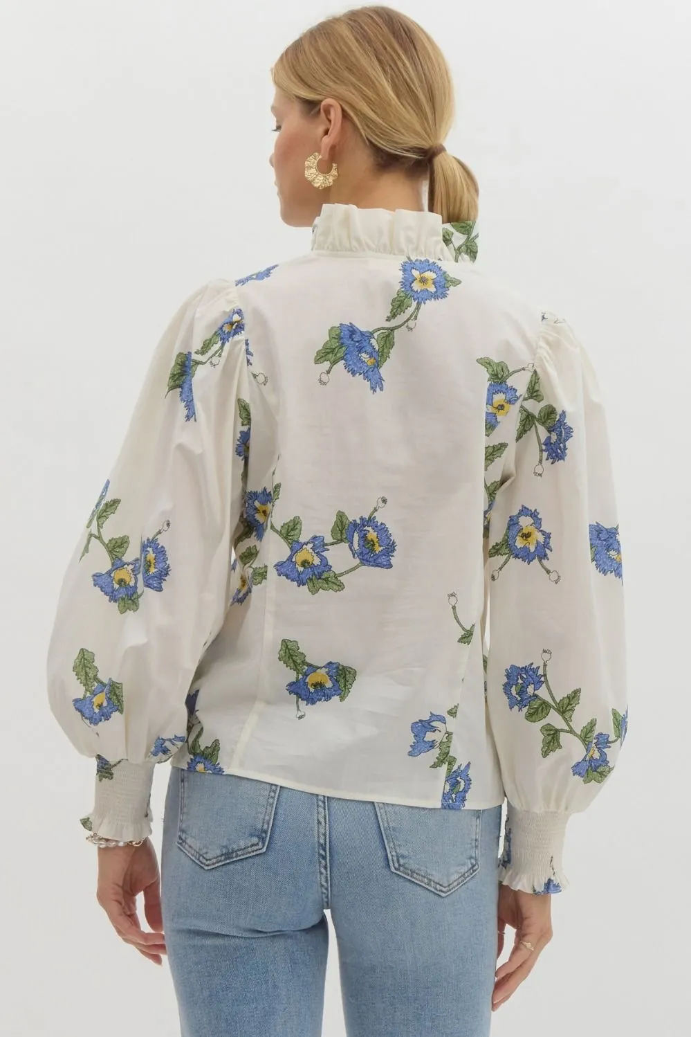 Smocked Floral V-Neck Top {Ivory}