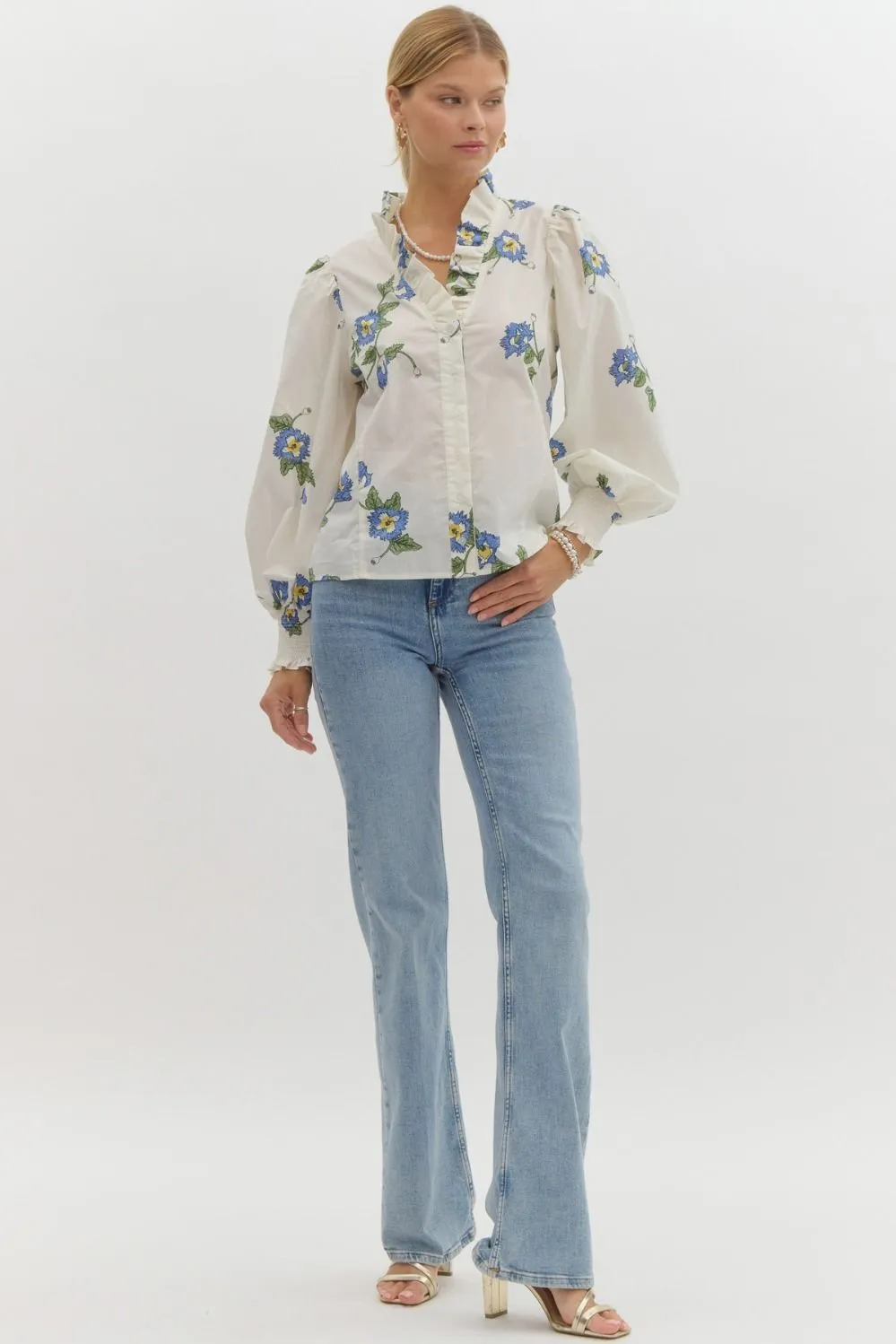 Smocked Floral V-Neck Top {Ivory}