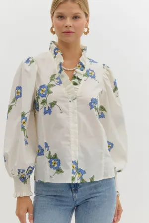 Smocked Floral V-Neck Top {Ivory}
