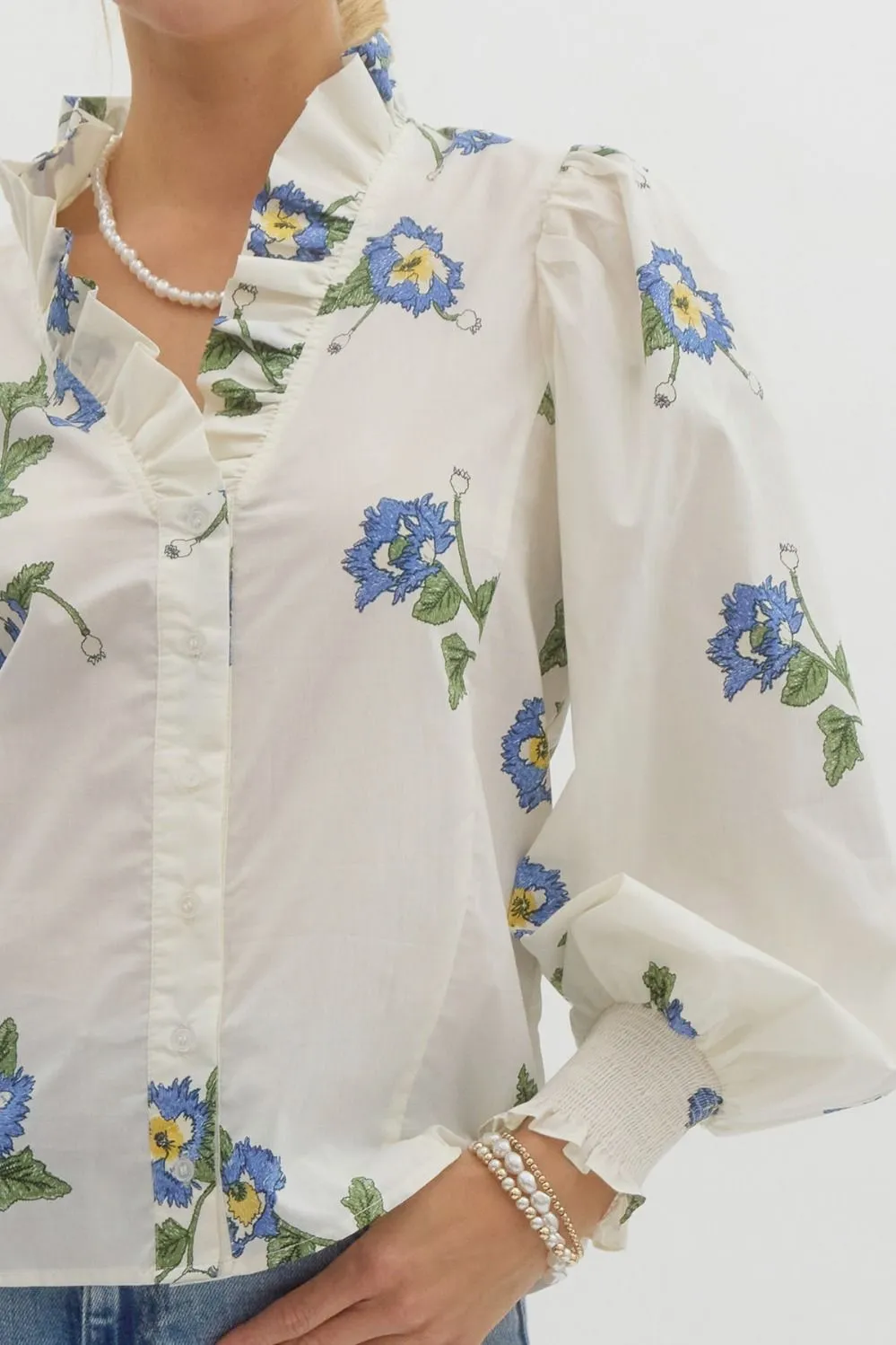 Smocked Floral V-Neck Top {Ivory}