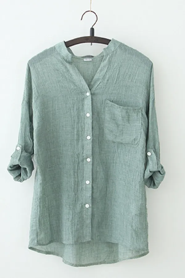Solid Color Cotton & Linen Blouse