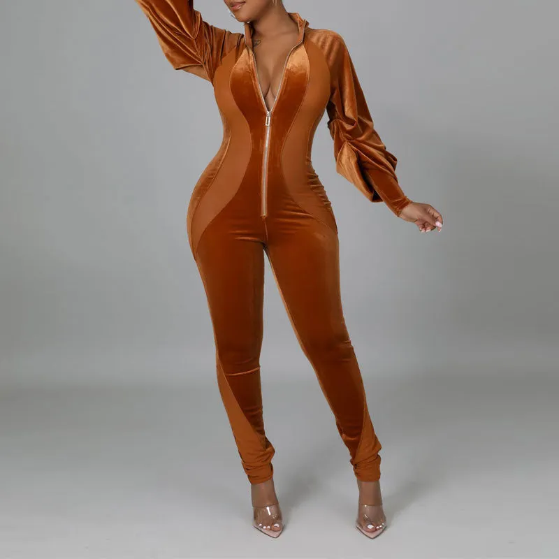 Solid Lantern Sleeve Zipper Design Sheer Mesh Jumpsuit