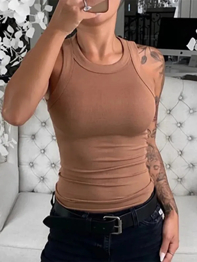 Solid Ribbed Round Neck Tank Top for Women