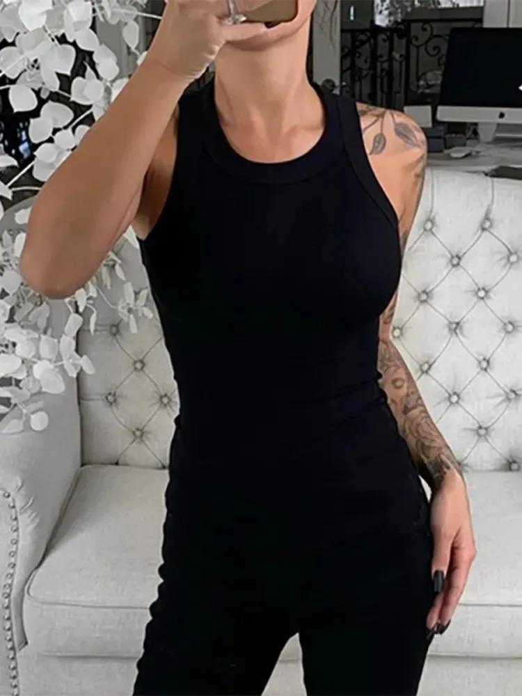 Solid Ribbed Round Neck Tank Top for Women