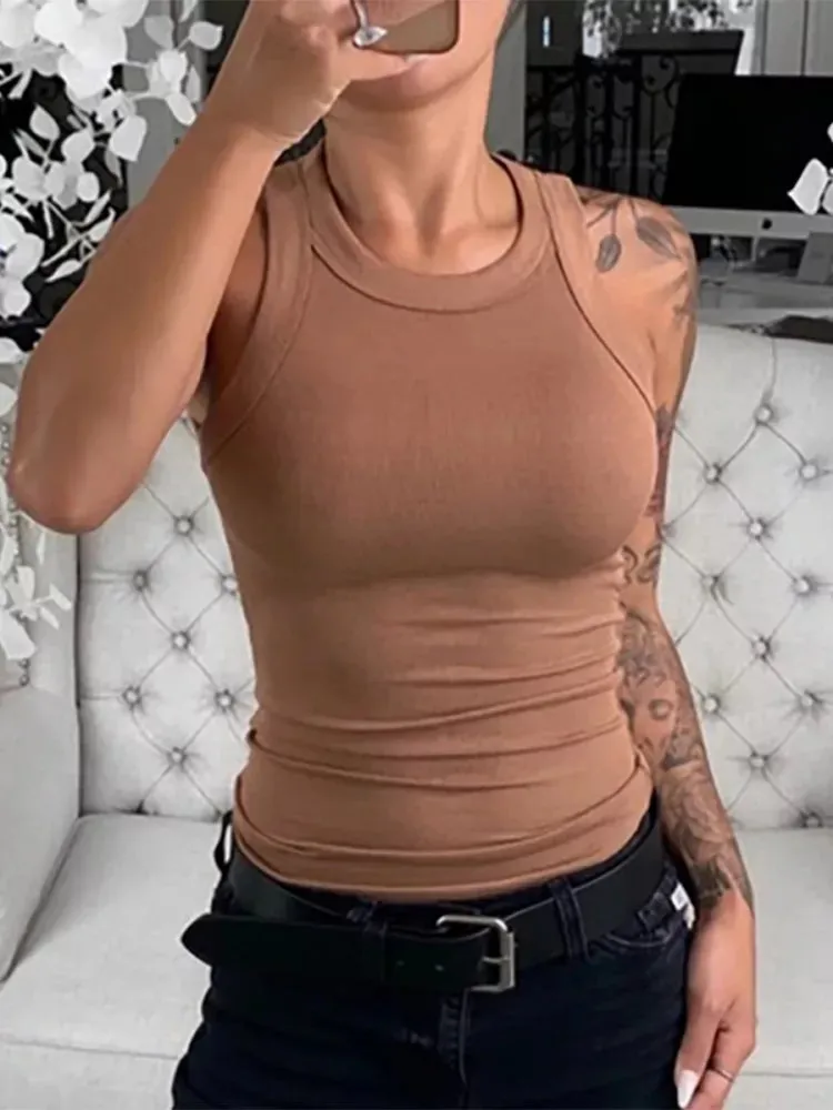 Solid Ribbed Round Neck Tank Top for Women