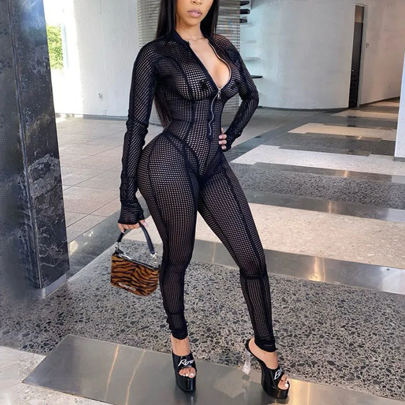 Solid Sheer Mesh Zipper Design Jumpsuit