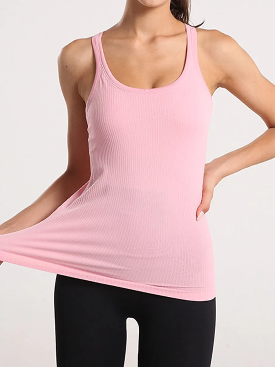 Solid Slim Fit Sports Tank Top Yoga Tank Gym Top with Chest Pads