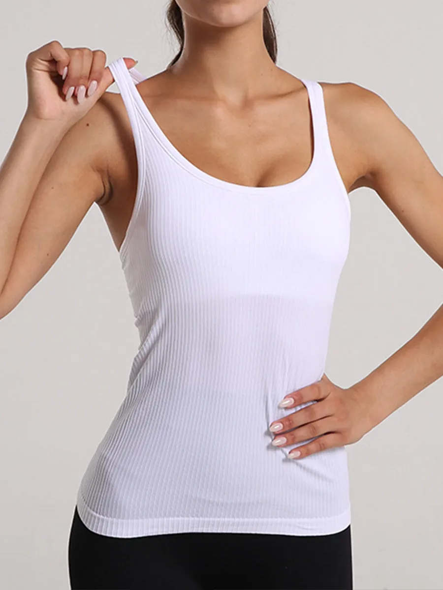 Solid Slim Fit Sports Tank Top Yoga Tank Gym Top with Chest Pads