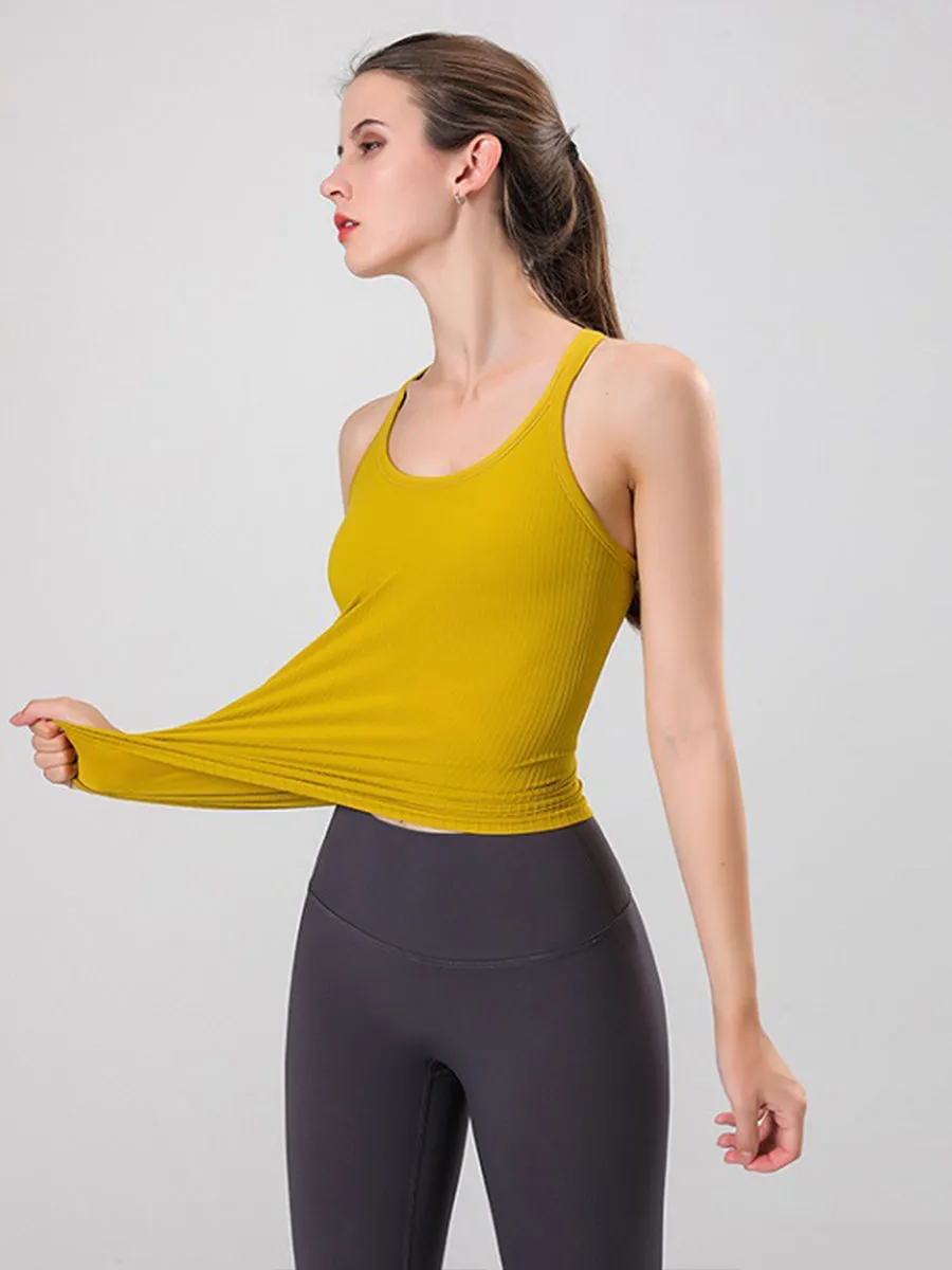 Solid Slim Fit Sports Tank Top Yoga Tank Gym Top with Chest Pads